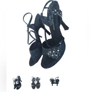 Louis Vuitton, black strappy sandals with the flower decal